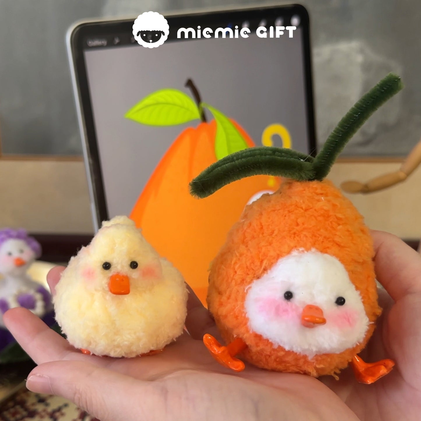 Custom plush toy design preview next to final handmade result