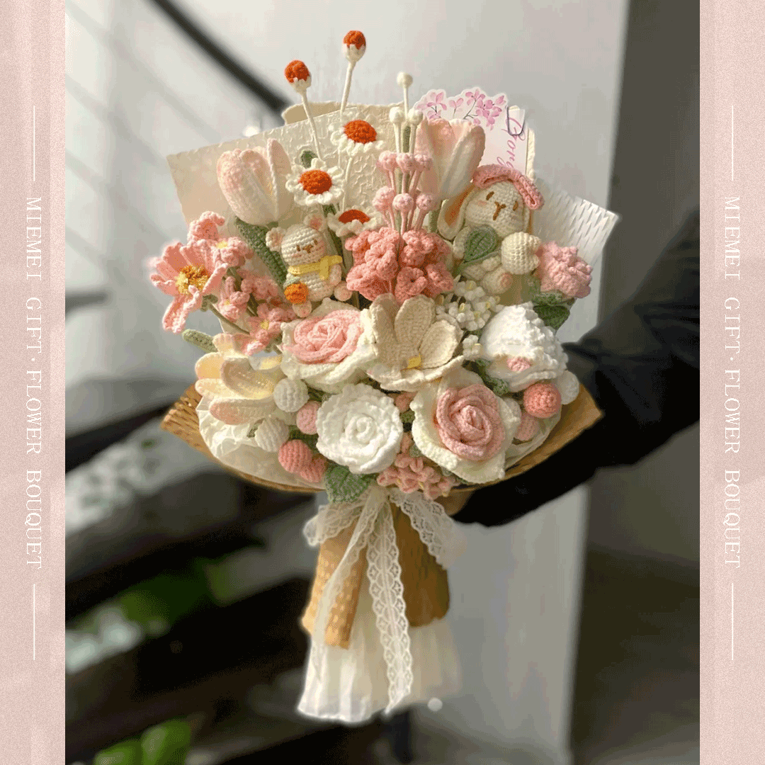 Handmade crochet flower arrangement with rustic wrapping for special occasions unique gift rich contain