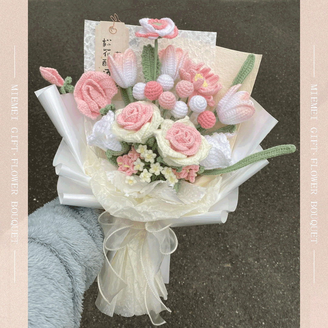 unique gift Yarn bouquet featuring white and pink blooms including rose and tulip chrysanthemum arrangment knitted green leaves 
