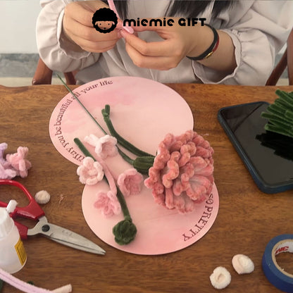 Close-up of DIY chenille carnations being shaped and assembled by hand – fluffy handmade flower project for beginners