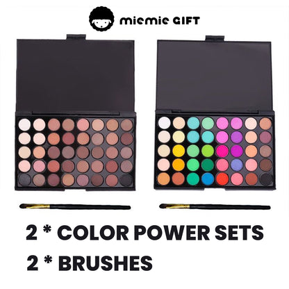 Two MieMie Gift 40-Color DIY Chalk Powder Palettes displayed side by side. One features soft brown and pink hues (Vintage Soft Mist Palette), while the other offers vibrant rainbow shades (Vivid Dream Palette). Two professional brushes are included, perfect for DIY crafts like clay modeling, pipe cleaner coloring, and paper art.