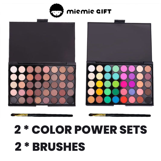 Two MieMie Gift 40-Color DIY Chalk Powder Palettes displayed side by side. One features soft brown and pink hues (Vintage Soft Mist Palette), while the other offers vibrant rainbow shades (Vivid Dream Palette). Two professional brushes are included, perfect for DIY crafts like clay modeling, pipe cleaner coloring, and paper art.