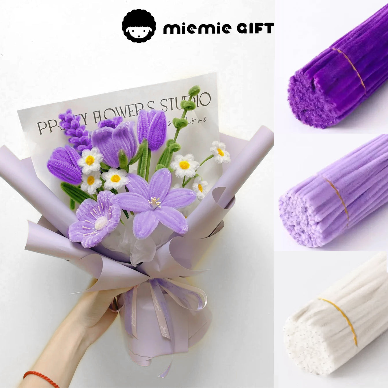 High-density purple pipe cleaners, perfect for handmade flower bouquet Bouquet of Purple and White Pipe-Cleaner Flowers by MieMie Gift