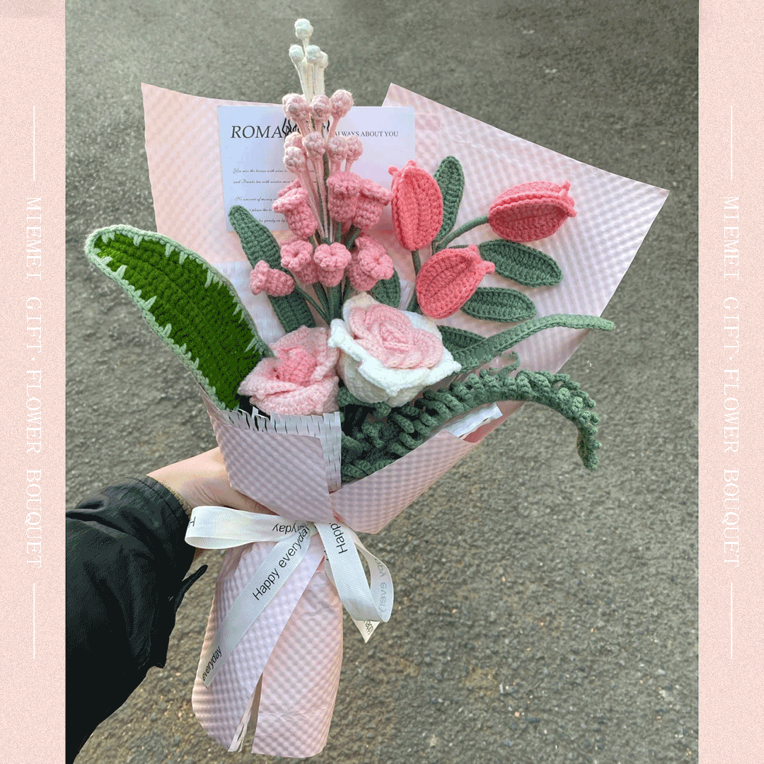 Handmade flower bouquet with crochet details featuring tulip lily-of-the-valley and rose perfect for gifting or decor