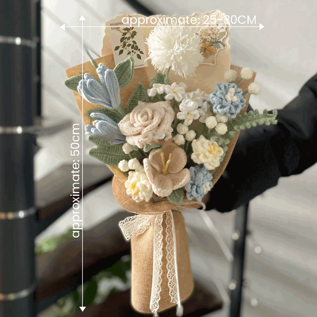 Beautifully crafted yarn flowers featuring lily rose daisy and Taraxacum in a bouquet for weddings home decor or gifts size