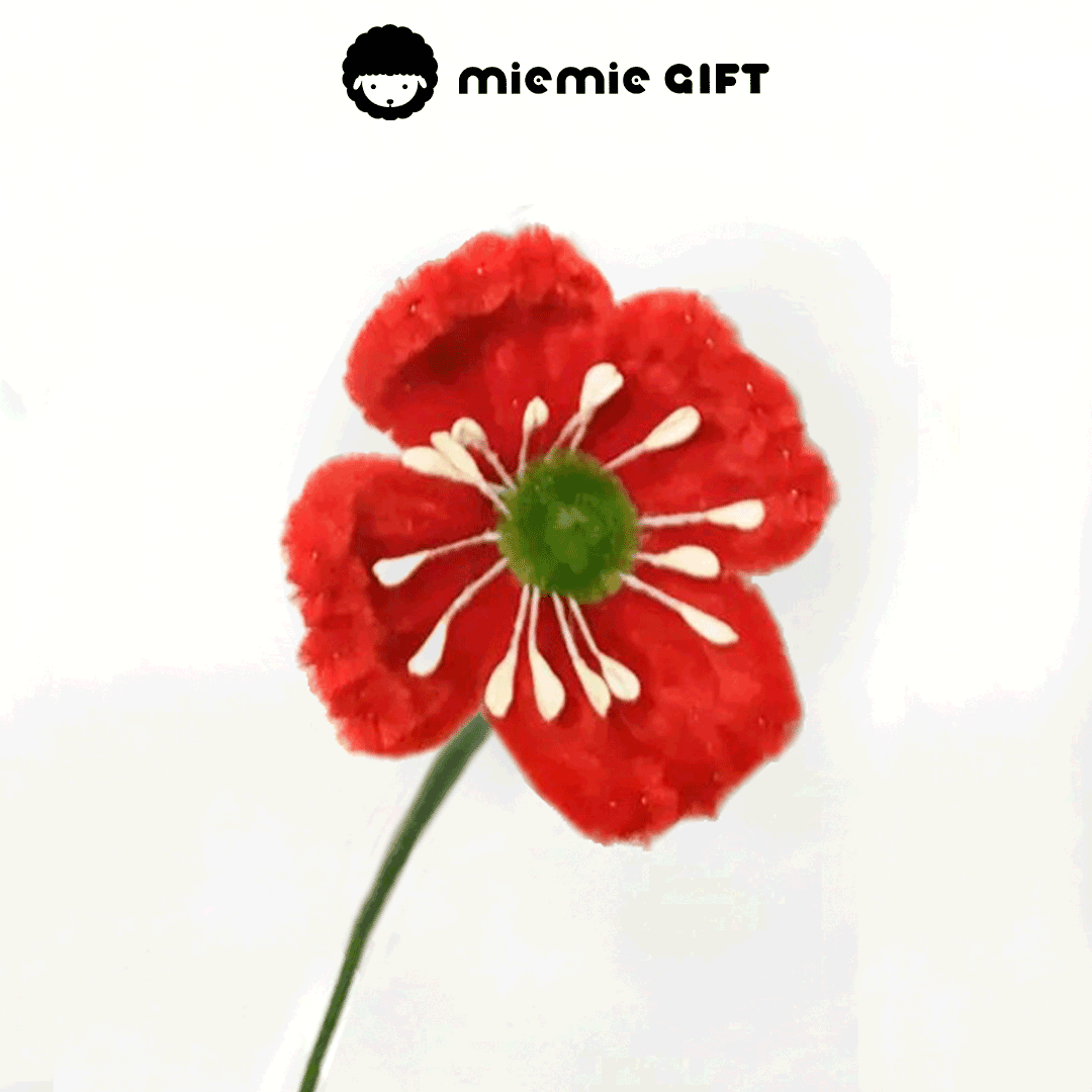 Plush red Pipe-Cleaner Poppy with Lush Green Stem by MieMie Gift