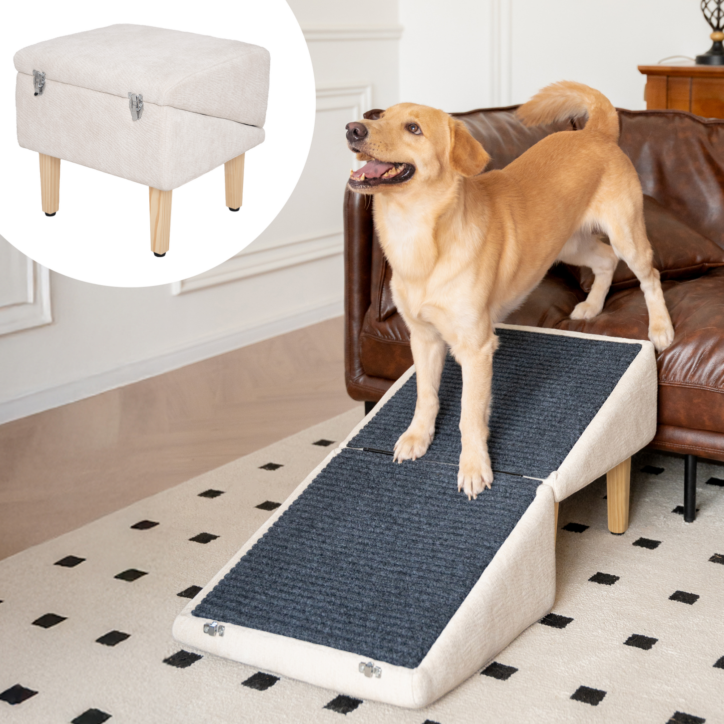 Golden retriever using an extra-wide beige dog ramp beside a leather couch, with the folded ottoman mode shown