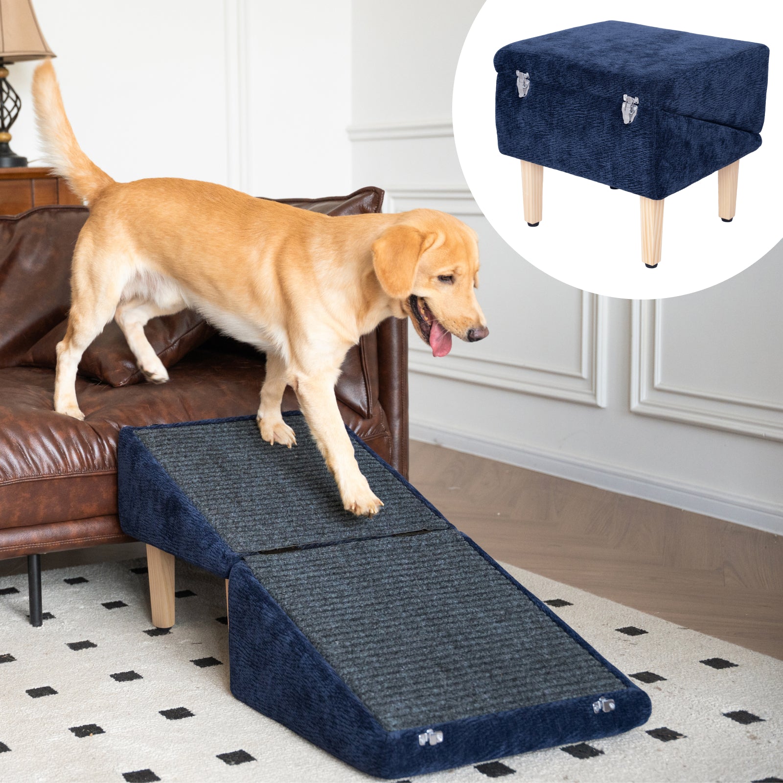 Golden retriever walking down a blue non-slip dog ramp from a leather couch, with the ottoman mode shown