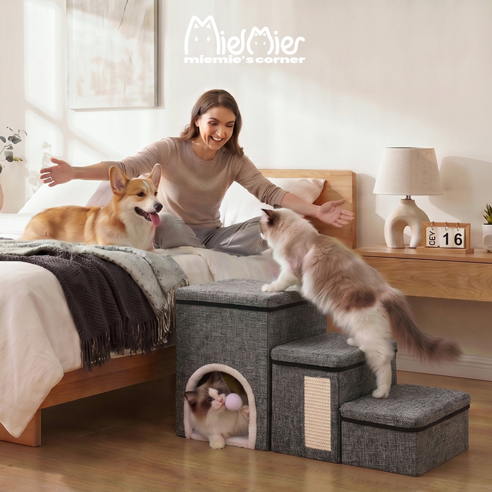 A cat climbing foldable pet stairs with storage and a cat scratcher beside a bed, with another cat resting in the hideaway and a dog on the bed.