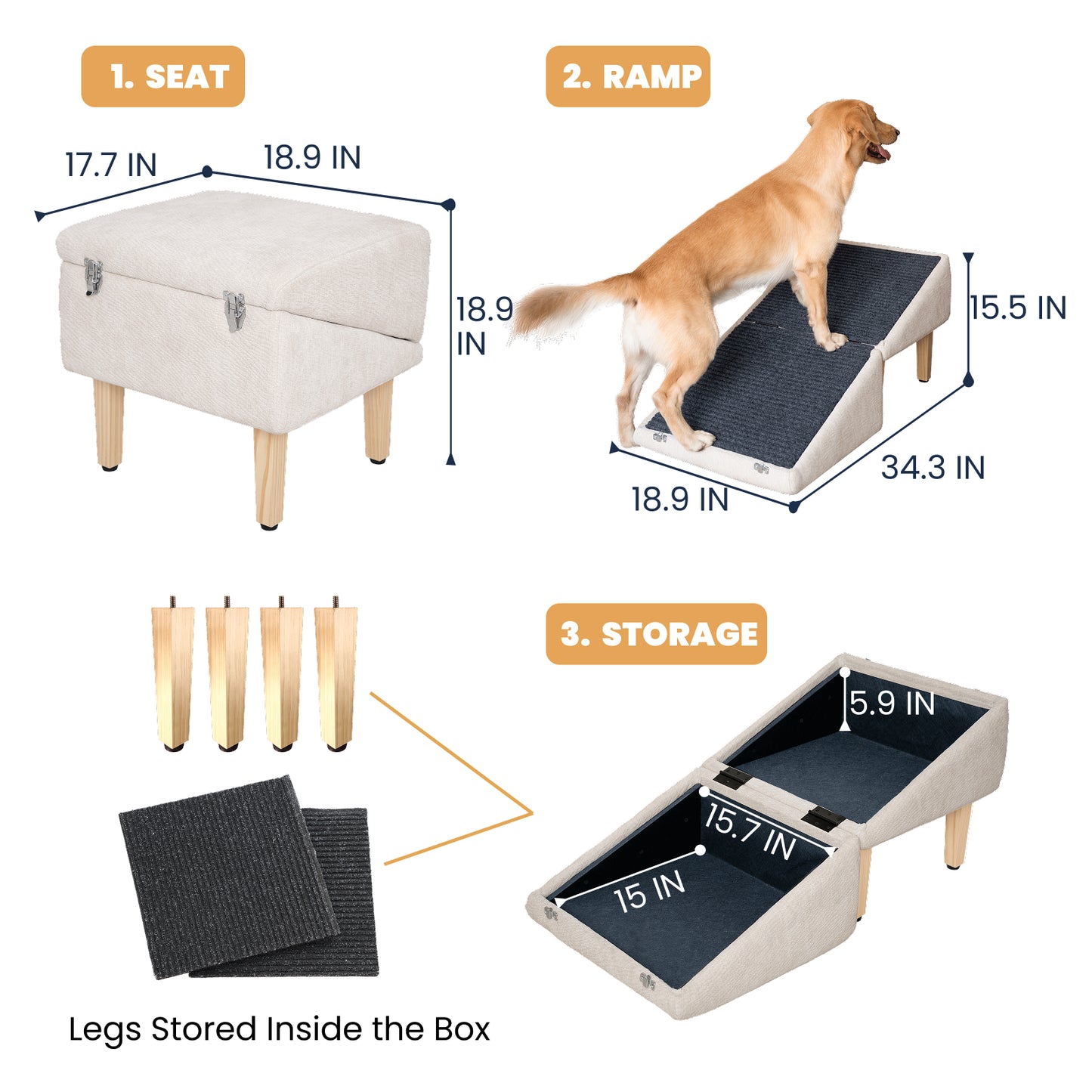 An informative image showcasing a 3-in-1 cream-colored dog ramp ottoman in three modes: as a seat, a pet ramp, and a hidden storage box. A golden retriever climbs the ramp, demonstrating the 34.3" length and 15.5" height. The storage section includes two carpeted panels and detachable wooden legs, all fitting inside the box. The upholstery is soft cream fabric with anti-slip black ramps, designed to help dogs safely access beds and sofas.