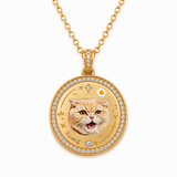 Custom hand-painted enamel pet portrait necklace in gold-tone brass with cubic zirconia halo, personalized with a pet name