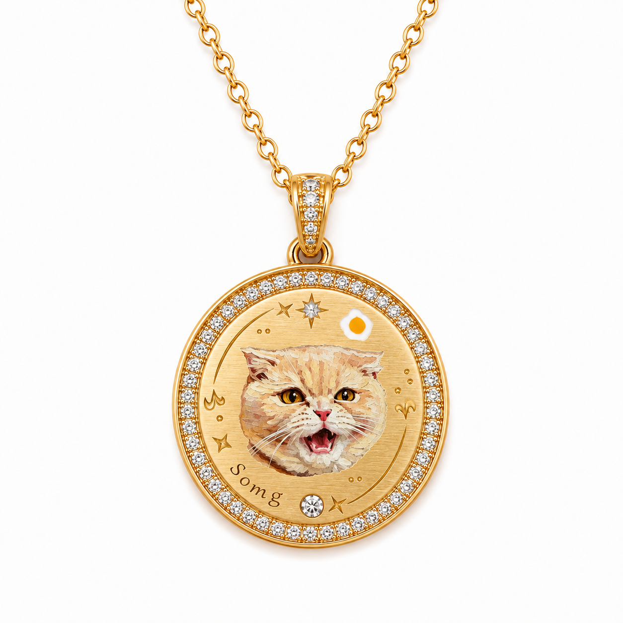 Custom hand-painted enamel pet portrait necklace in gold-tone brass with cubic zirconia halo, personalized with a pet name