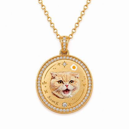 Custom hand-painted enamel pet portrait necklace in gold-tone brass with cubic zirconia halo, personalized with a pet name