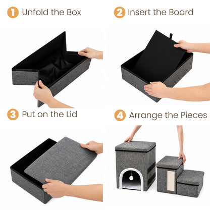 3-step setup guide for foldable pet stairs with storage, showing how to unfold the box, insert the board, put on the lid, and arrange the pieces.