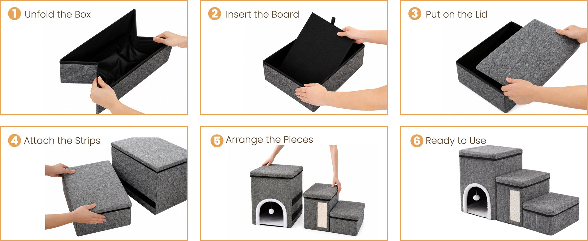 Six-step assembly guide showing how to unfold, insert the board, attach the lid, connect the strips, and arrange foldable pet stairs.