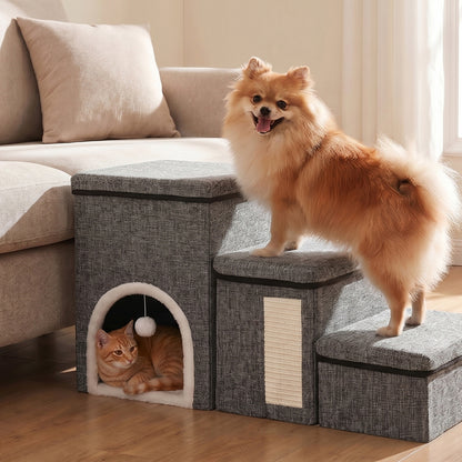 Foldable pet stairs beside a couch with a small dog on the steps and a cat resting in the cozy hideaway.