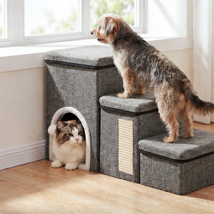 Foldable pet stairs by a window with a small dog climbing the steps and a cat resting in the cozy hideaway.