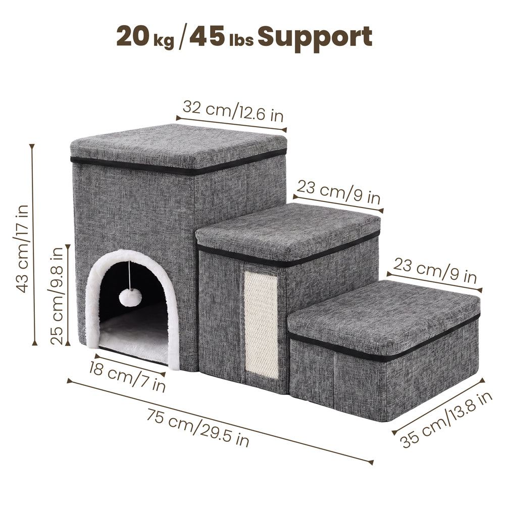 Foldable pet stairs size guide showing dimensions and 20kg / 45lbs weight support.