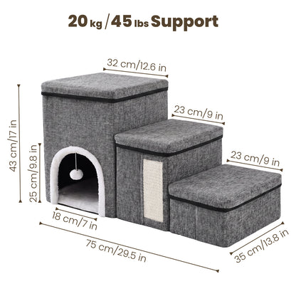 Foldable pet stairs size guide showing dimensions and 20kg / 45lbs weight support.