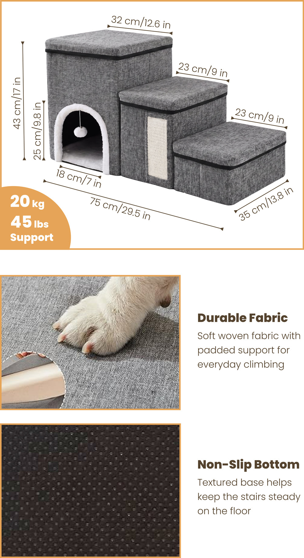 Foldable pet stairs with dimensions, 45 lbs support, durable woven fabric, and a textured non-slip base.