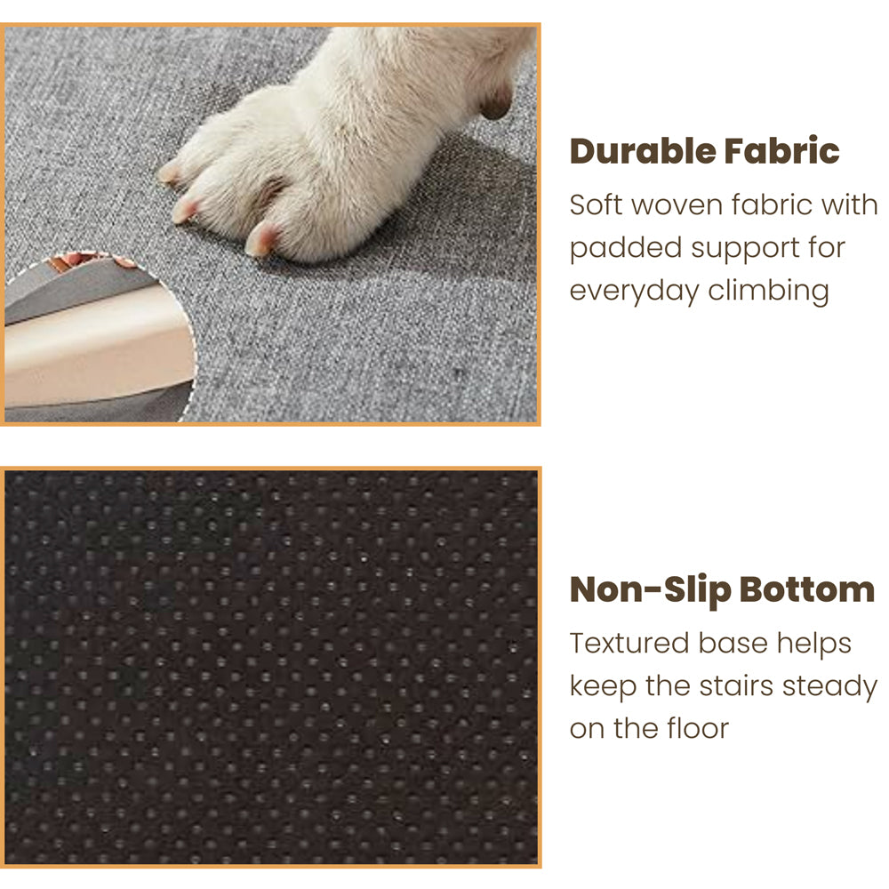 Foldable pet stairs material details showing durable woven fabric and a textured non-slip bottom.