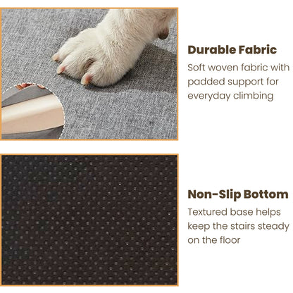 Foldable pet stairs material details showing durable woven fabric and a textured non-slip bottom.