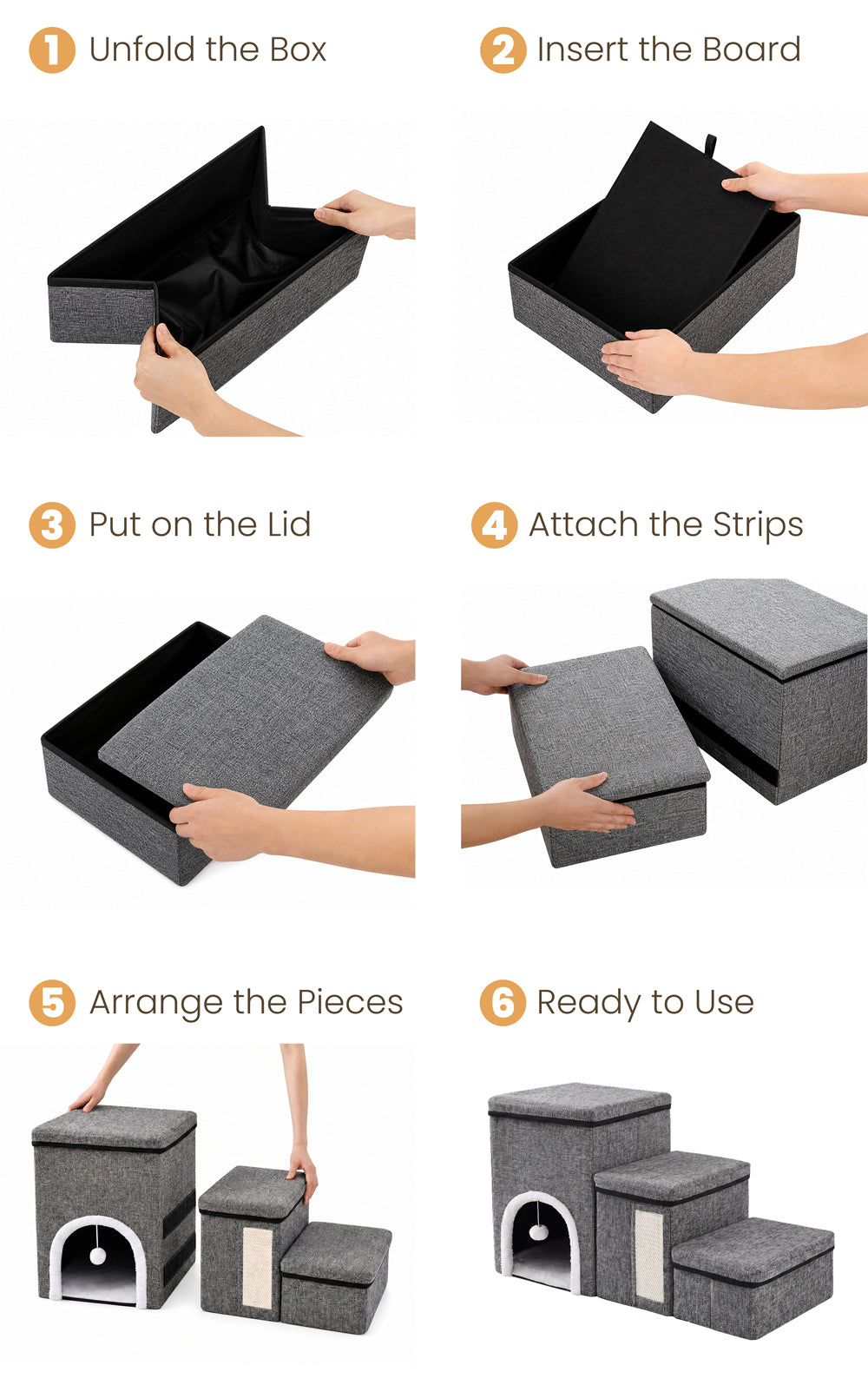 Easy assembly instructions for foldable pet stairs with storage, showing the setup steps from unfolding the box to ready-to-use pet stairs.