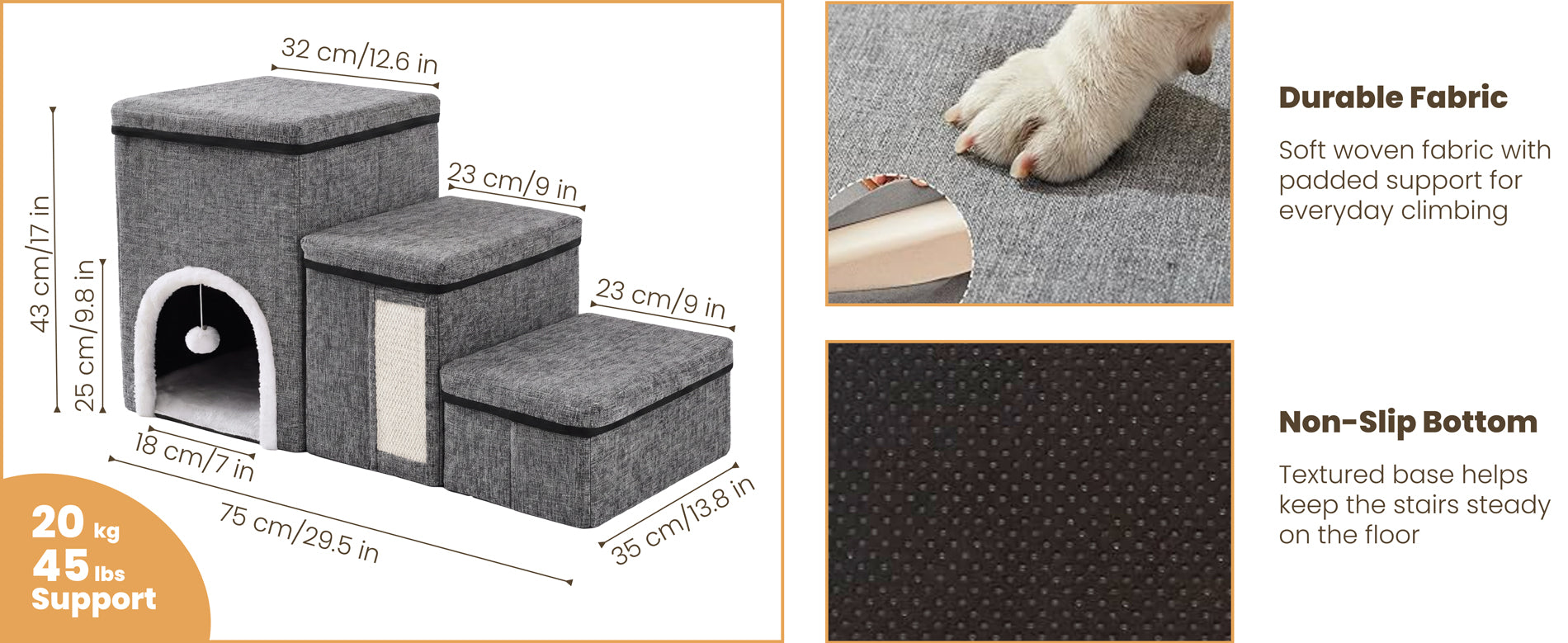Foldable pet stairs size guide showing dimensions, 45 lbs weight support, durable fabric surface, and non-slip bottom.