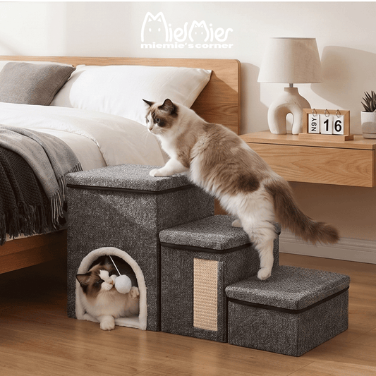 Foldable pet stairs with storage and cat scratcher placed beside a bed, with one cat climbing the steps and another resting in the hideaway.