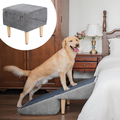 A golden retriever dog is climbing a gray upholstered pet ramp in a bedroom setting, with a wooden nightstand, lamp, and bed visible. A circular inset at the top left shows a matching gray upholstered ottoman with wooden legs.