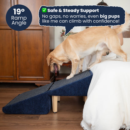 A large golden retriever confidently climbing a dark blue dog ramp onto a white bed, assisted by a steady 19° incline. The ramp has wooden support legs and a textured anti-slip surface. A text bubble in the image reads “Safe & Steady Support,” emphasizing the gap-free structure. The background includes a warm-toned wooden cabinet and hardwood floors, creating a cozy bedroom environment.
