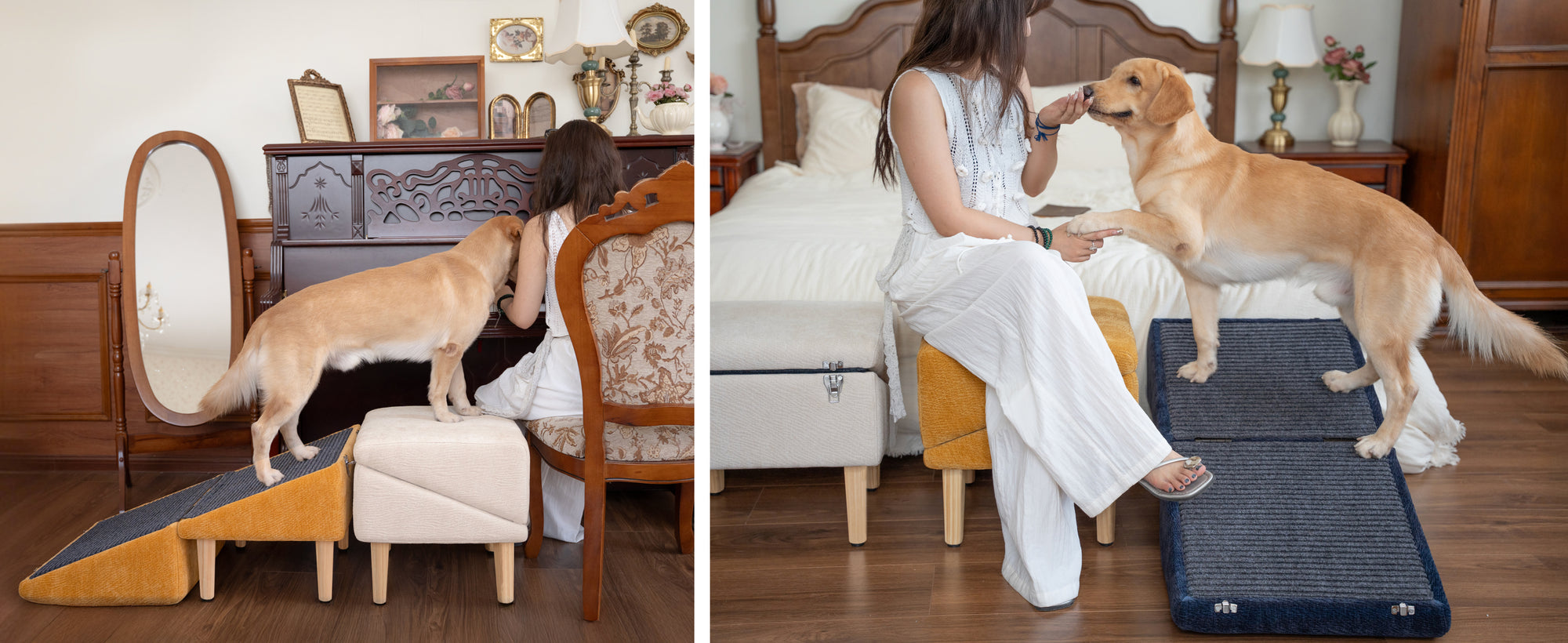 Split lifestyle image in a cozy bedroom: a happy yellow Labrador uses a MieMie’s Corner dog ramp and ottoman step to reach a woman at a vanity on the left, and on the right stands on a navy non-slip ramp beside the bed while the woman feeds a treat; beige and mustard ottoman pieces create safe steps for couch or bed access.