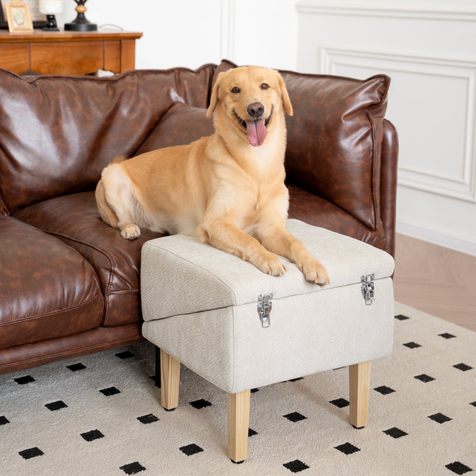 Happy golden dog relaxing on the MieMie's Corner 3-in-1 dog ramp and ottoman seat in cream color, placed next to a brown leather sofa in a cozy living room. Multifunctional pet furniture used as a footstool and resting spot, featuring secure metal clasps and wooden legs.