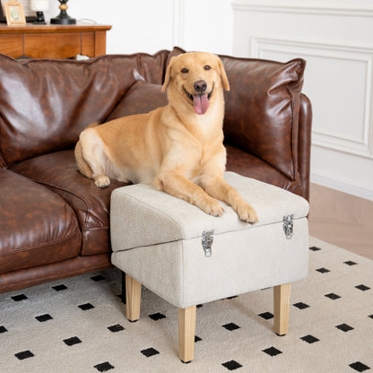 Happy golden dog relaxing on the MieMie's Corner 3-in-1 dog ramp and ottoman seat in cream color, placed next to a brown leather sofa in a cozy living room. Multifunctional pet furniture used as a footstool and resting spot, featuring secure metal clasps and wooden legs.