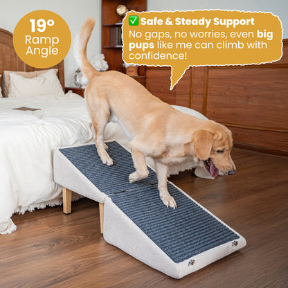 Golden retriever confidently walking down the MieMie's Corner pet ramp in a cozy bedroom setting. The light beige ramp with wooden legs and a 19° gentle incline ensures safe support for big dogs. Bed and wood furniture in background add warmth to the indoor scene.