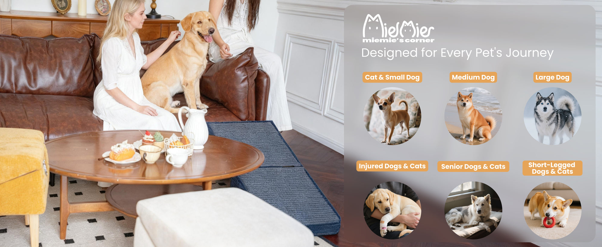 In a bright living room, two women relax on a brown leather sofa with a happy yellow Labrador while a navy MieMie’s Corner dog ramp for couch sits beside the coffee table; an overlay reads “Designed for Every Pet’s Journey” with icons for cats, small dogs, medium dogs, large dogs, injured pets, senior pets, and short-legged dogs and cats.