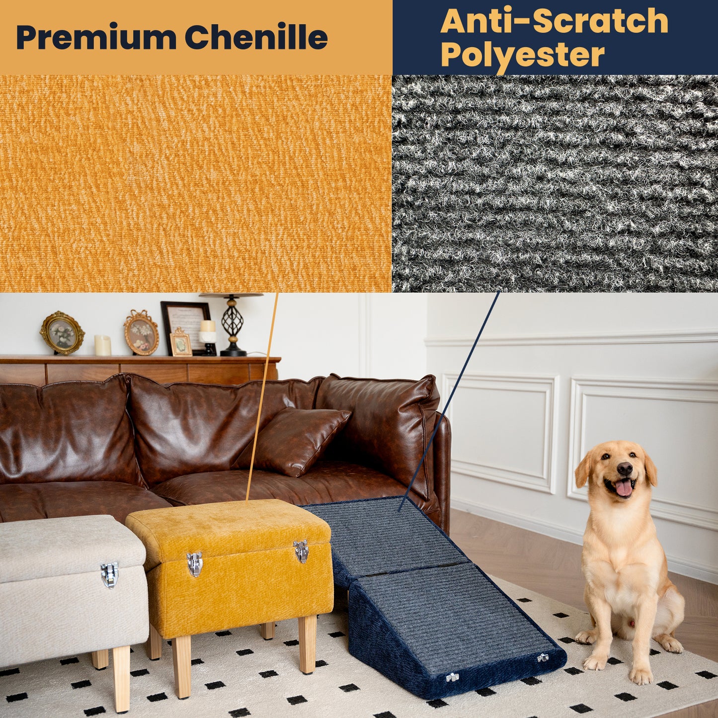 Close-up texture comparison of MieMie’s Corner pet ramp materials, showing premium yellow chenille fabric and navy anti-scratch polyester. The pet ramp and matching ottomans are set up in a living room with a happy golden retriever sitting beside.