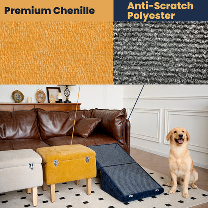 Close-up texture comparison of MieMie’s Corner pet ramp materials, showing premium yellow chenille fabric and navy anti-scratch polyester. The pet ramp and matching ottomans are set up in a living room with a happy golden retriever sitting beside.
