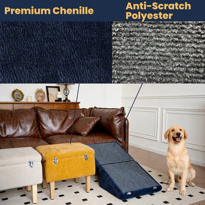 Material comparison of MieMie’s Corner pet ramp showing navy premium chenille and anti-scratch polyester. Ramp and ottomans displayed in a living room with a happy dog nearby.