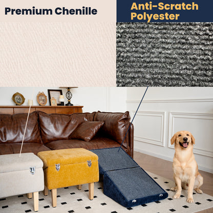 Fabric comparison of MieMie's Corner pet ramp products featuring premium chenille seating surfaces in beige and mustard yellow, and anti-scratch polyester ramp surface in navy. A happy golden retriever sits beside the ramp in a cozy living room.