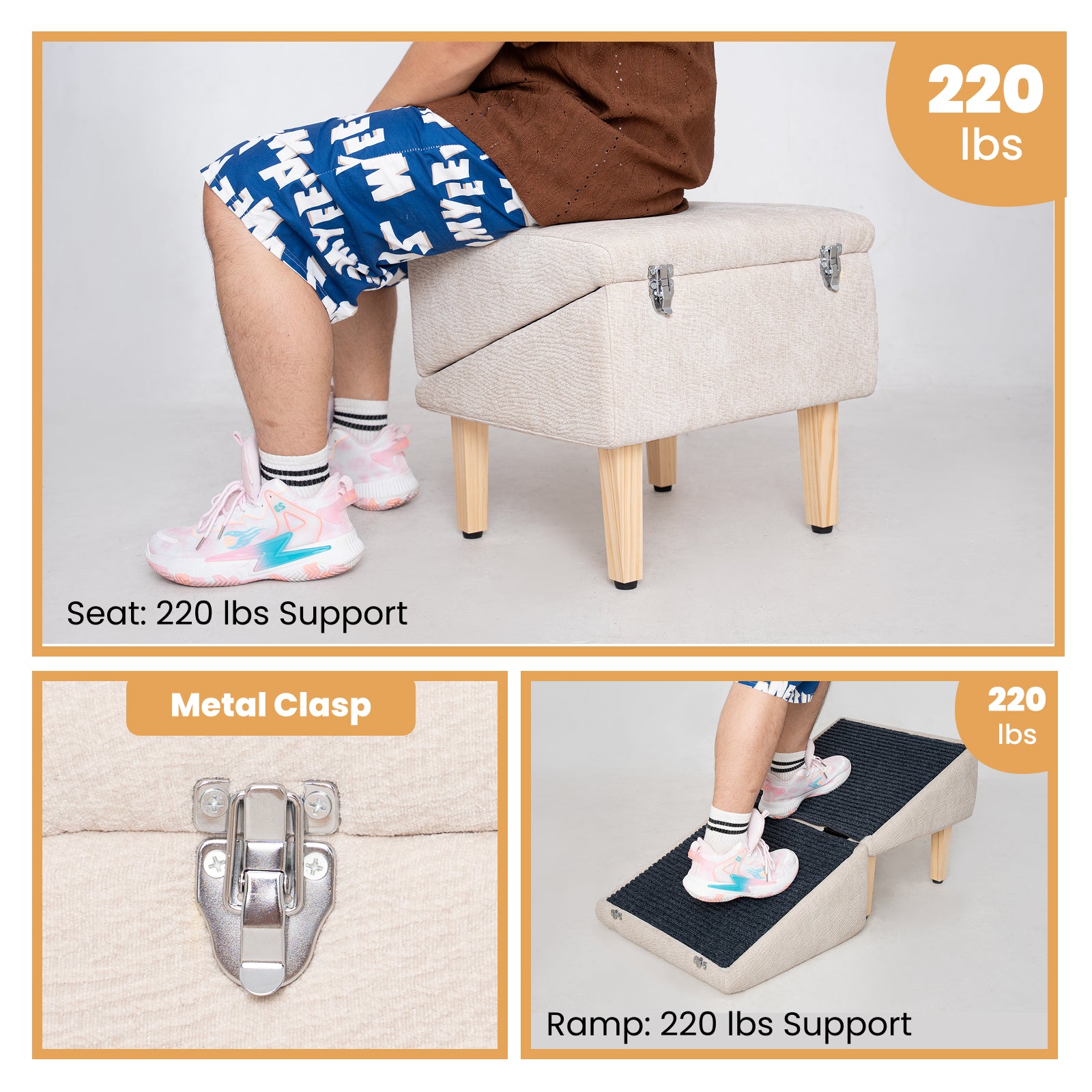 A three-part image showing the strength and construction of the MieMie's Corner 3-in-1 dog ramp and ottoman. The top section features an adult sitting on the cream-colored ottoman, showcasing its 220 lbs weight support. The bottom left shows a close-up of the secure metal clasp, and the bottom right demonstrates a person standing on the ramp for stability and durability.