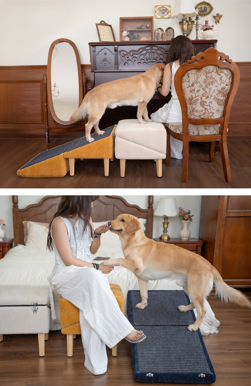 Two-scene lifestyle photo in a warm, vintage-style bedroom: a happy yellow Labrador uses a mustard-and-beige MieMie’s Corner dog ramp ottoman to reach a woman seated at a vanity, and in the second scene stands on a navy non-slip ramp by the bed while the woman offers a treat, showing safe, furniture-style steps for bed access.
