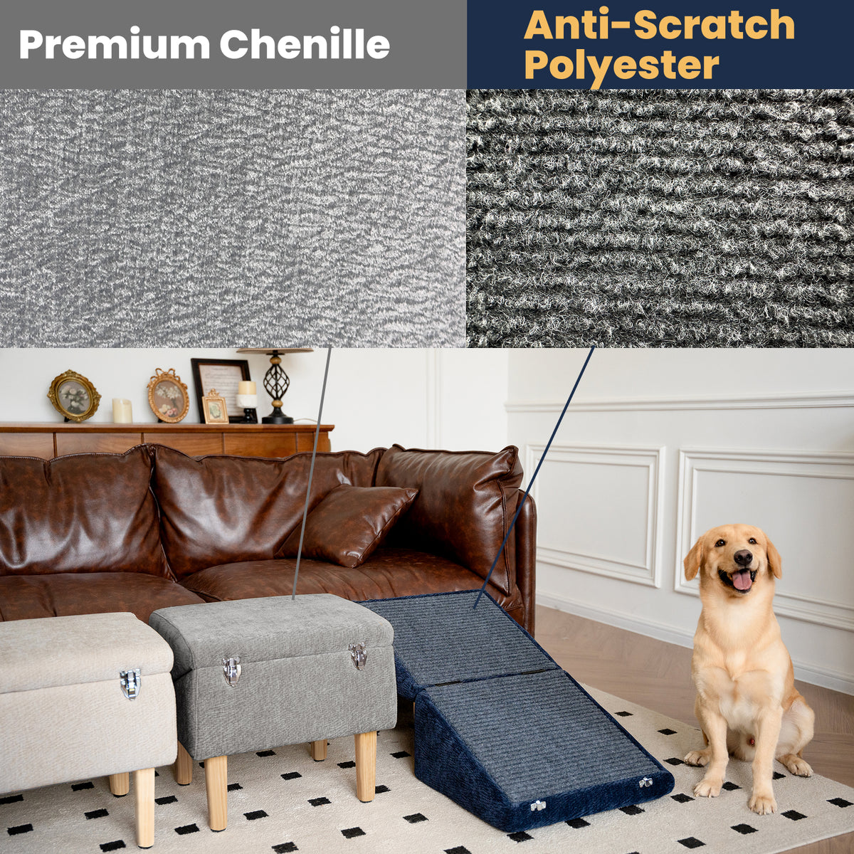 Collage showing fabric details and a living-room scene: close-ups compare light gray premium chenille with dark gray anti-scratch polyester, and below a happy golden Labrador sits beside a navy-blue MieMie’s Corner dog ramp on a cream rug with black dots, next to light beige and heather-gray ottoman seats in front of a dark brown leather sofa.