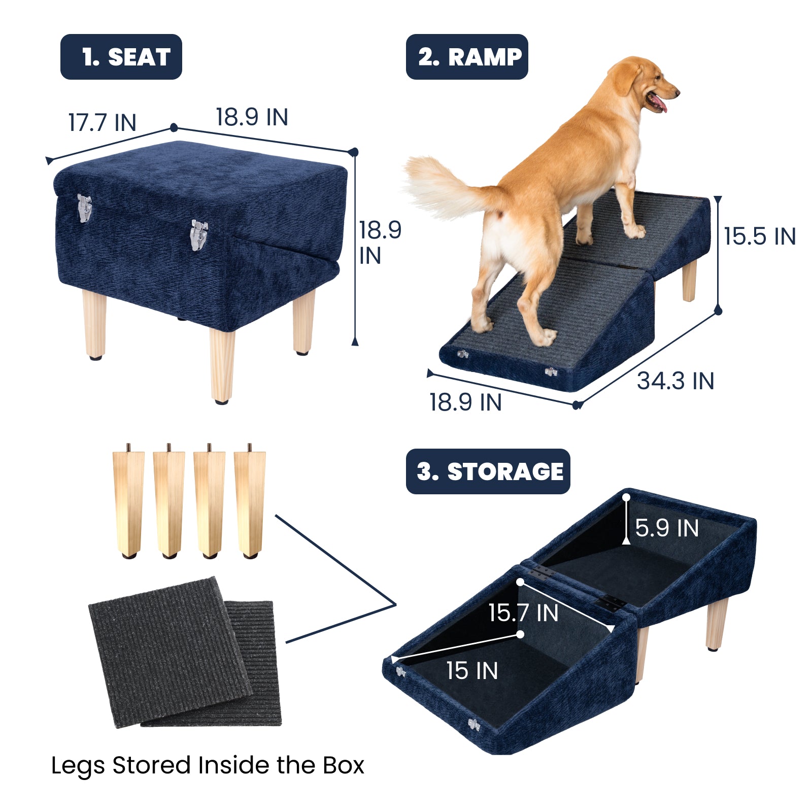 A navy blue 3-in-1 dog ramp ottoman shown in three functional modes: a square seat with wooden legs, a sturdy pet ramp with non-slip black carpet, and an open storage box displaying removable parts. A golden retriever demonstrates how to use the ramp configuration, measuring 34.3 inches in length and 15.5 inches in height. The compact storage section holds foldable legs and carpeted panels inside the box, offering style, function, and pet-friendly support.