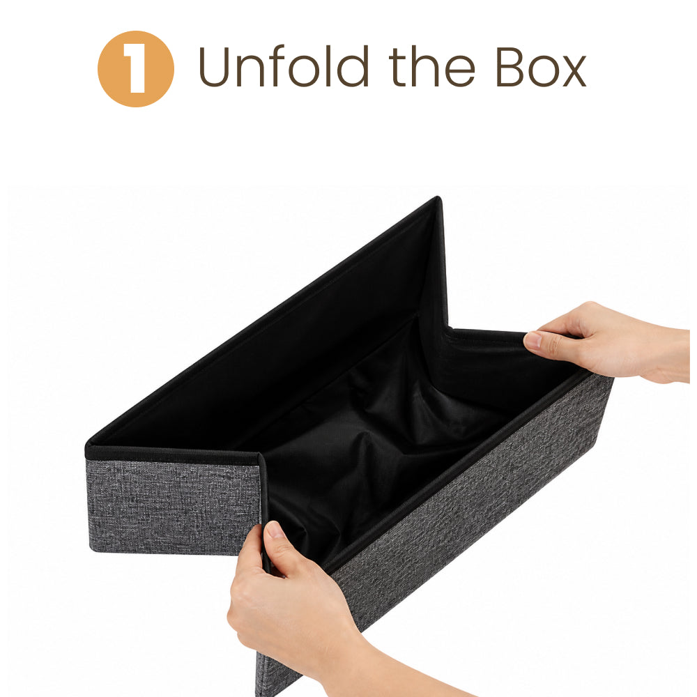 Assembly step 1: Unfold the gray fabric storage box and pull the flexible sides open before inserting the support board.