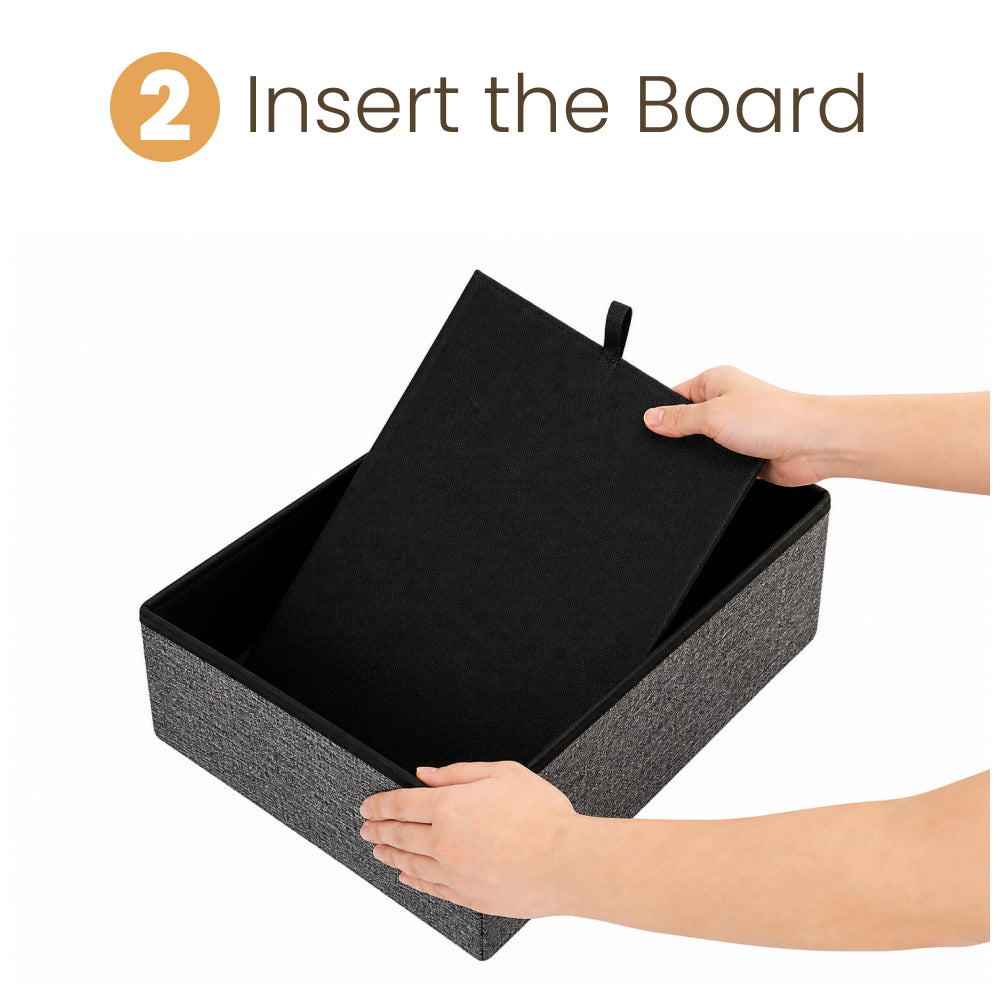 Assembly step 2: Insert the rigid support board into the fabric storage box to reinforce one section of the pet stairs.