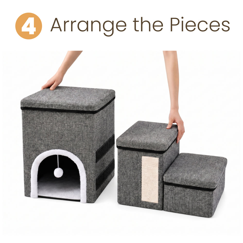 Assembly step 4: Arrange the cat hideaway, scratching step and lower storage box to form the three-level pet stairs.