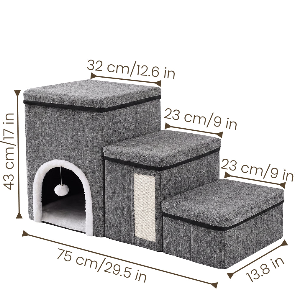 Product dimensions for gray 3-step pet stairs with storage and a cat hideaway: 29.5 in long, 13.8 in wide and 17 in high.