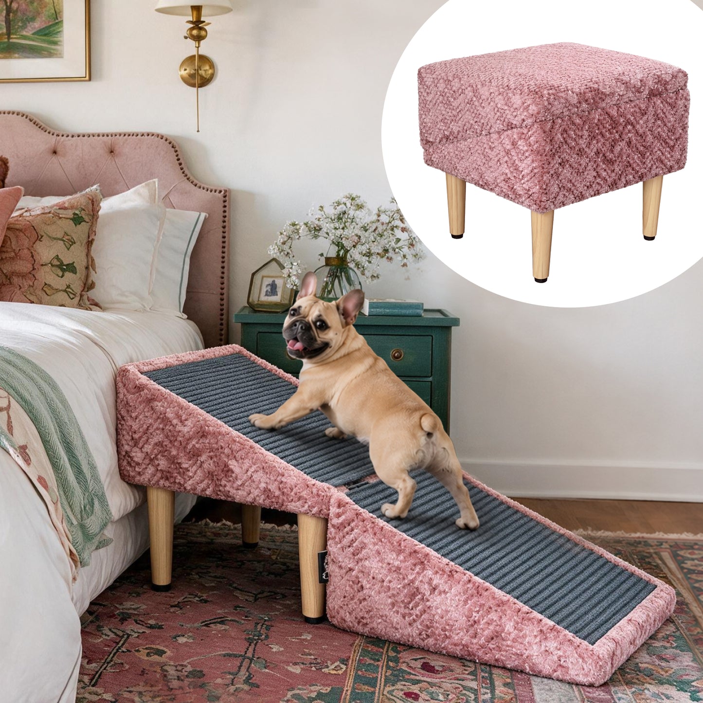 Pink dog ramp ottoman for bed with a French Bulldog climbing the non-slip ramp in a cozy bedroom, shown with the ottoman folded closed.