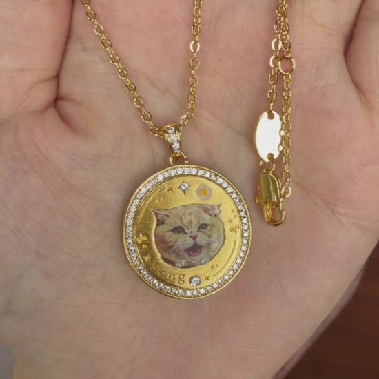 Close-up video of a custom hand-painted enamel pet portrait necklace in gold-tone brass with a cubic zirconia halo and personalized pet name
